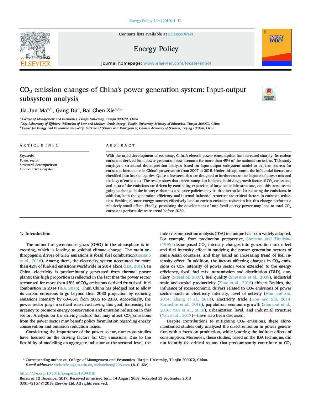 CO2 emission changes of China's power generation system: Input-output subsystem analysis