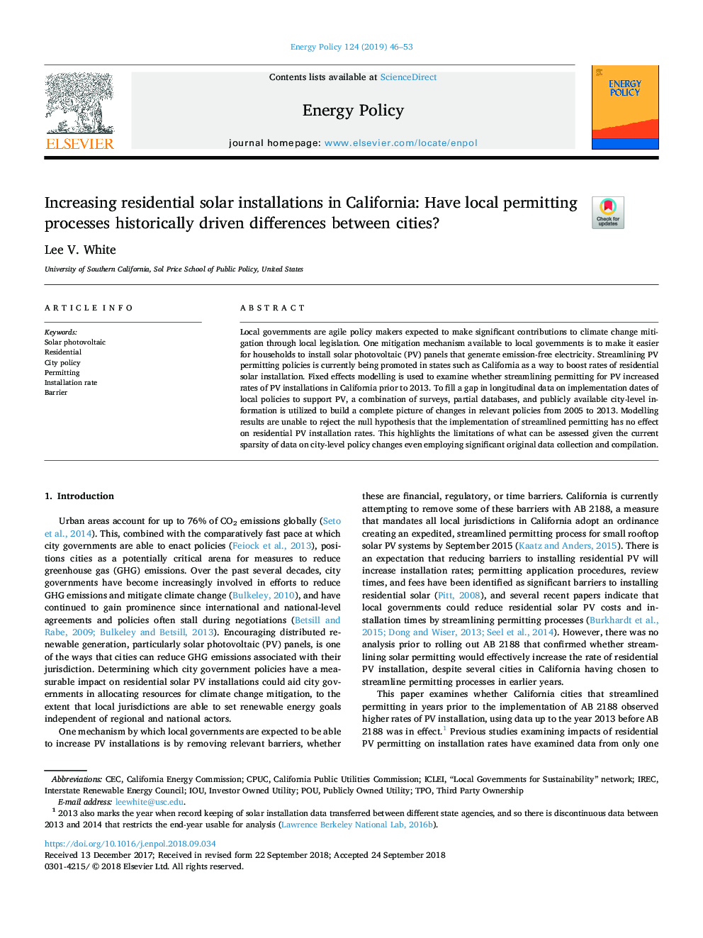 Increasing residential solar installations in California: Have local permitting processes historically driven differences between cities?