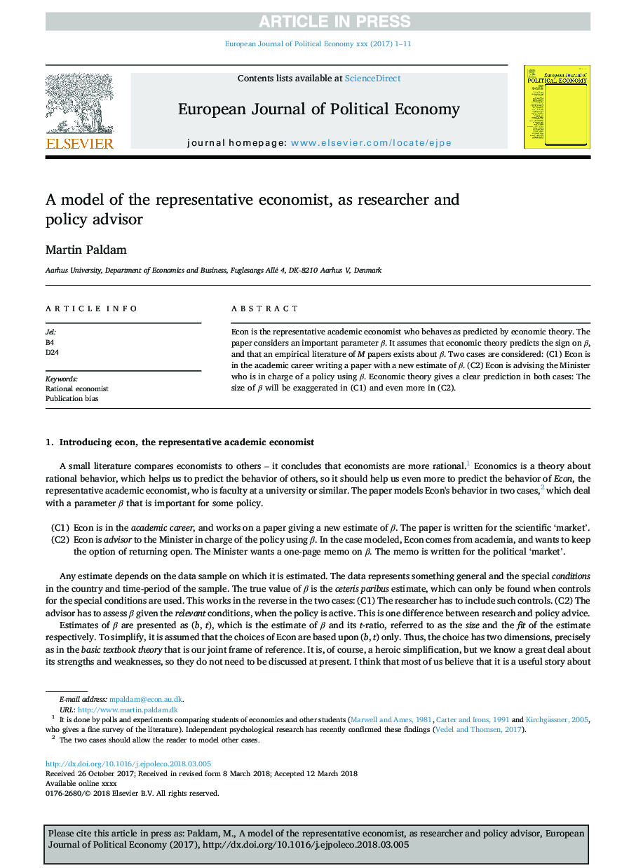 A model of the representative economist, as researcher and policy advisor