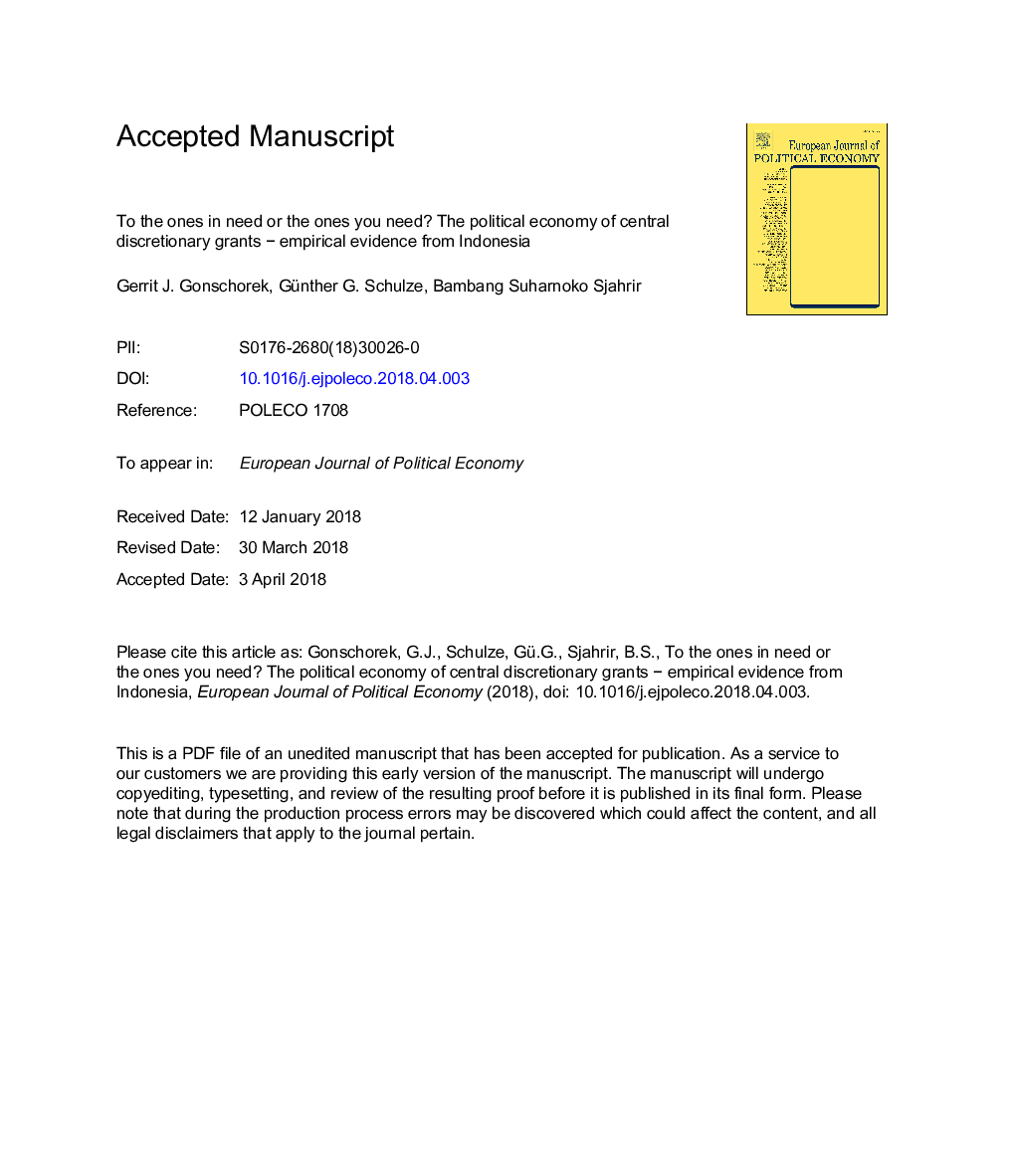 To the ones in need or the ones you need? The political economy of central discretionary grants â empirical evidence from Indonesia