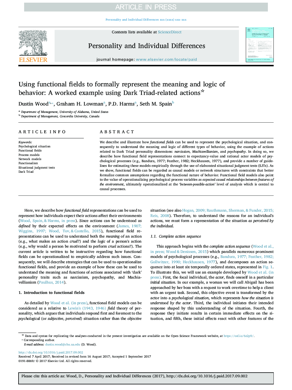 Using functional fields to formally represent the meaning and logic of behavior: A worked example using Dark Triad-related actions