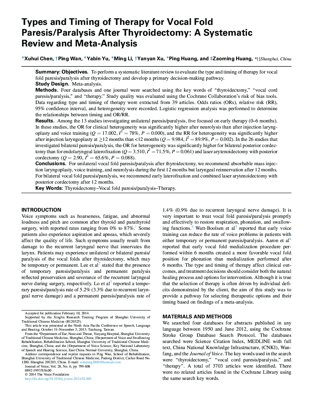 Types and Timing of Therapy for Vocal Fold Paresis/Paralysis After Thyroidectomy: A Systematic Review and Meta-Analysis 