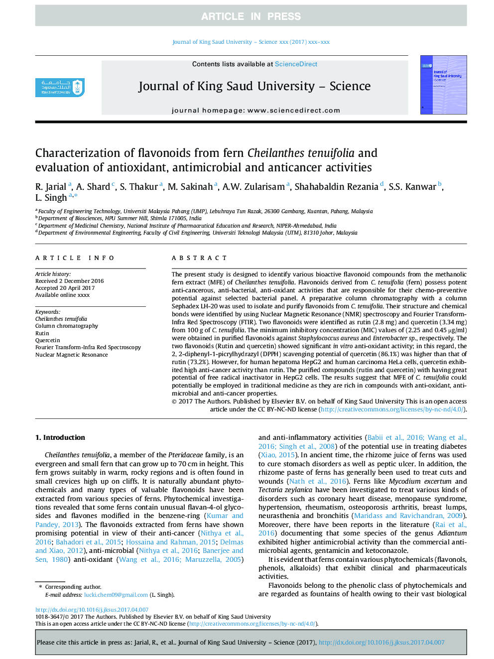 Characterization of flavonoids from fern Cheilanthes tenuifolia and evaluation of antioxidant, antimicrobial and anticancer activities