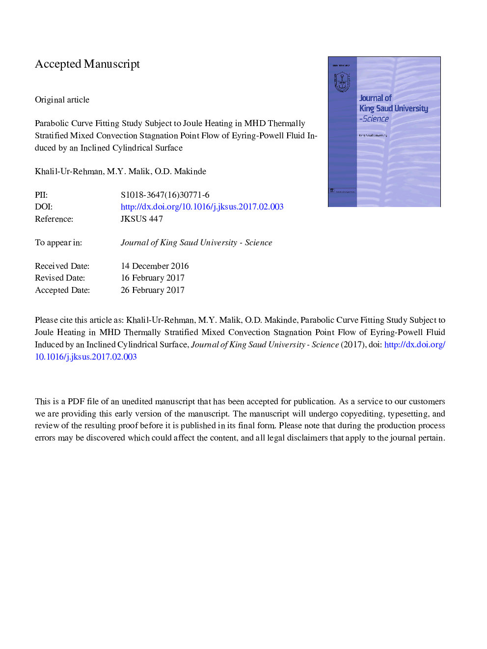 Parabolic curve fitting study subject to Joule heating in MHD thermally stratified mixed convection stagnation point flow of Eyring-Powell fluid induced by an inclined cylindrical surface