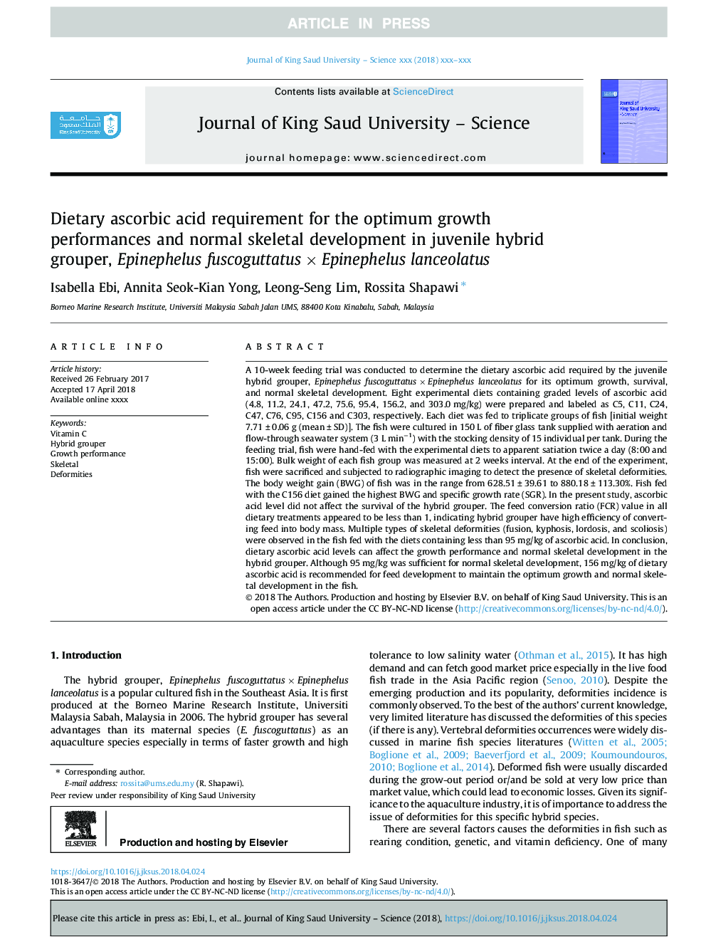 Dietary ascorbic acid requirement for the optimum growth performances and normal skeletal development in juvenile hybrid grouper, Epinephelus fuscoguttatusâ¯Ãâ¯Epinephelus lanceolatus