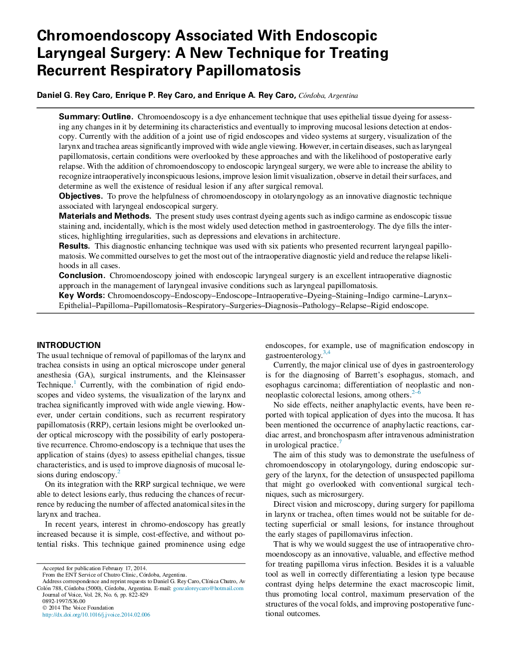 Chromoendoscopy Associated With Endoscopic Laryngeal Surgery: A New Technique for Treating Recurrent Respiratory Papillomatosis