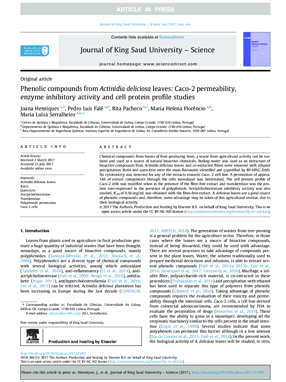 Phenolic compounds from Actinidia deliciosa leaves: Caco-2 permeability, enzyme inhibitory activity and cell protein profile studies