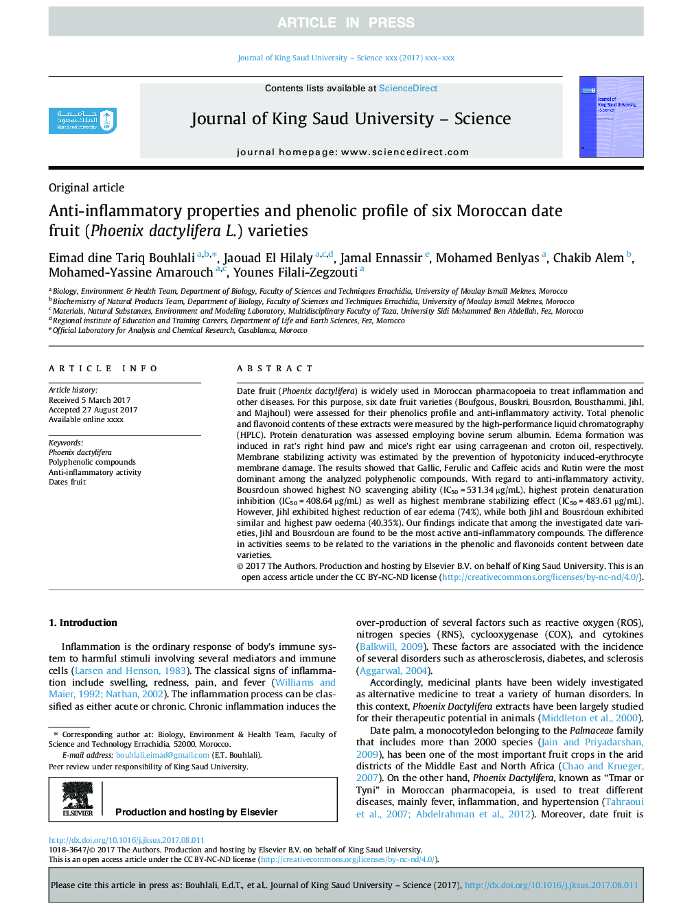 Anti-inflammatory properties and phenolic profile of six Moroccan date fruit (Phoenix dactylifera L.) varieties