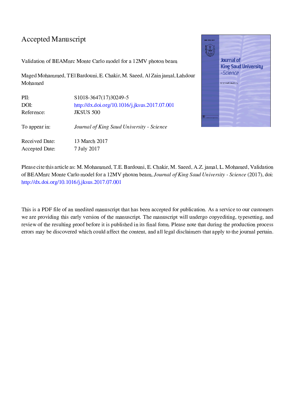 Validation of BEAMnrc Monte Carlo model for a 12Â MV photon beam