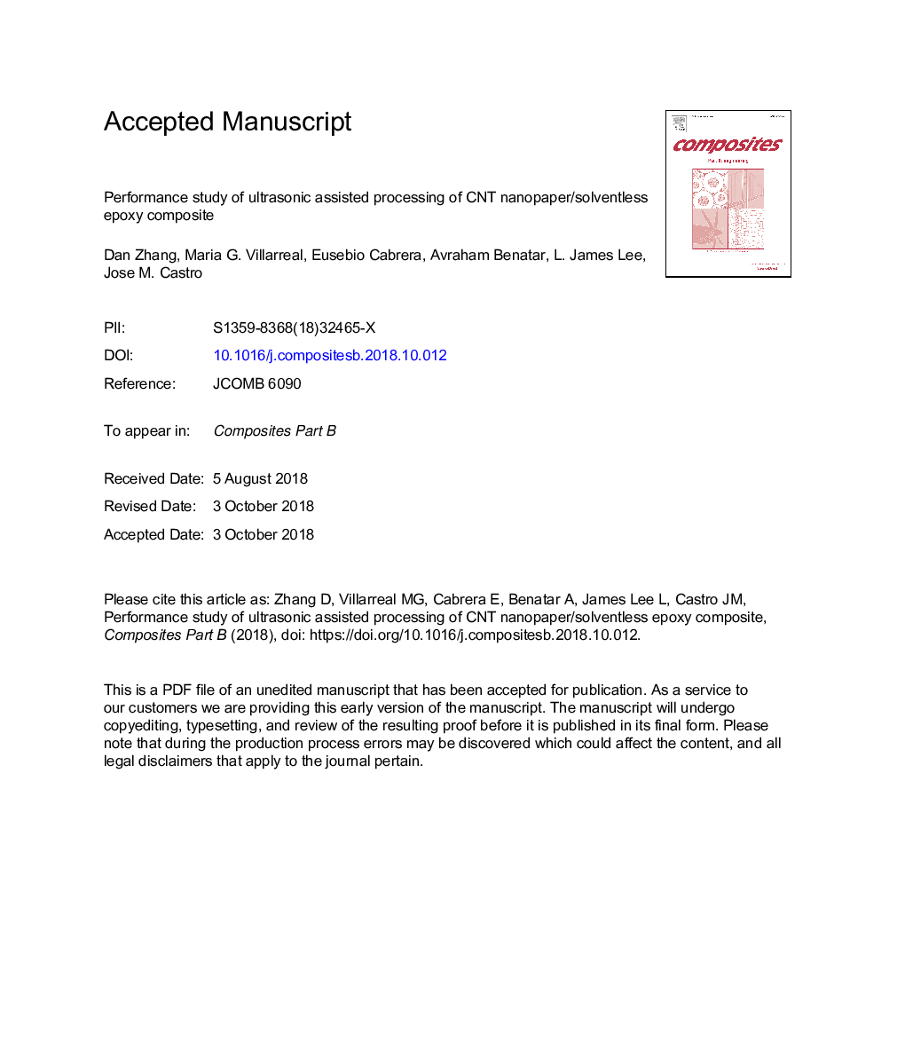 Performance study of ultrasonic assisted processing of CNT nanopaper/solventless epoxy composite