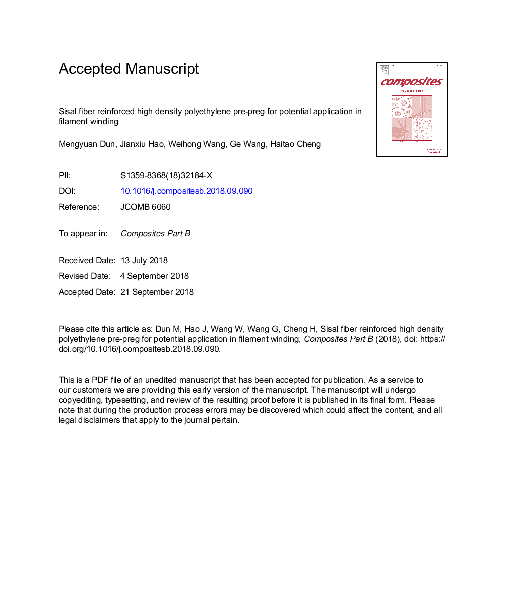 Sisal fiber reinforced high density polyethylene pre-preg for potential application in filament winding