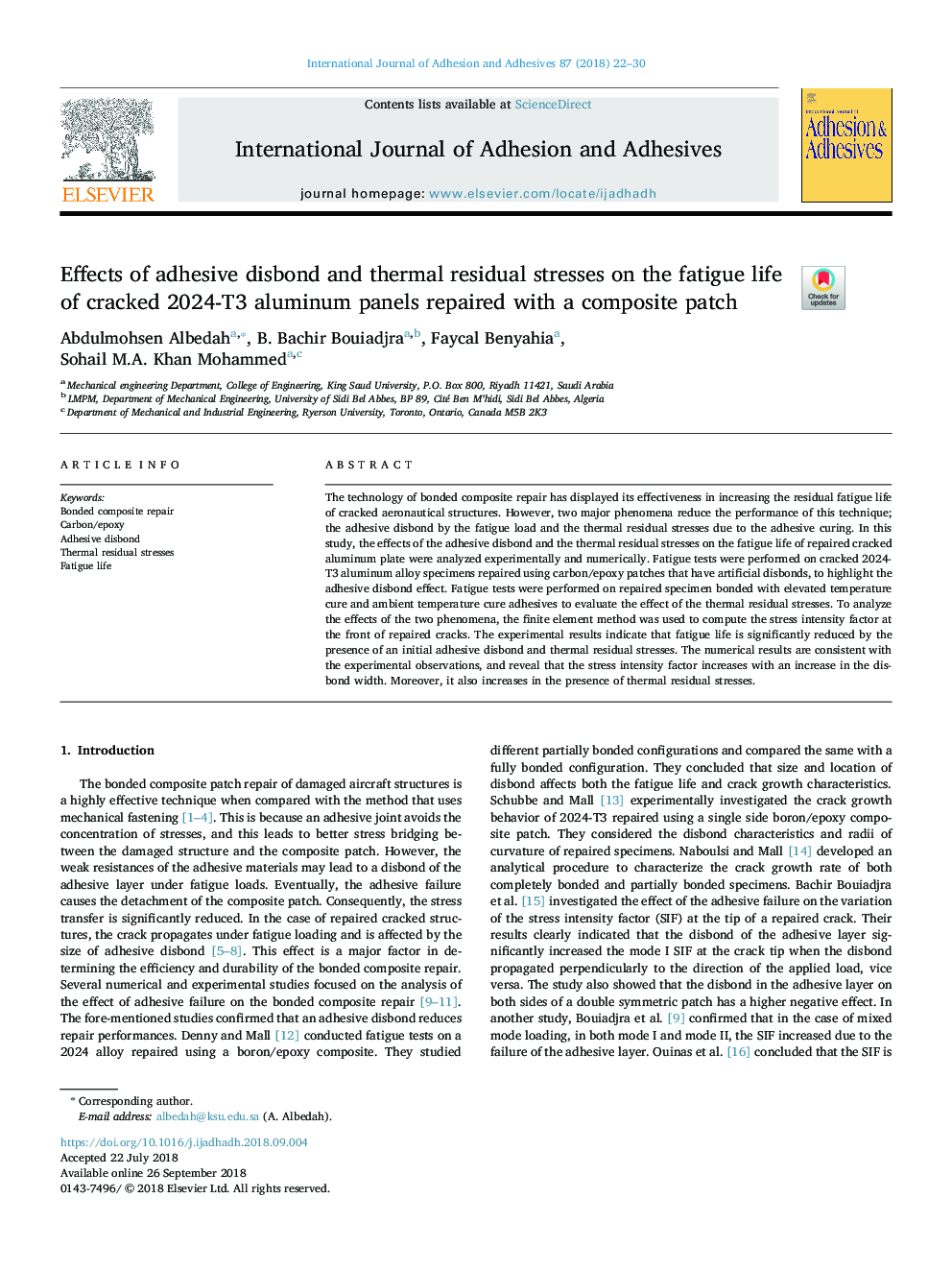 Effects of adhesive disbond and thermal residual stresses on the fatigue life of cracked 2024-T3 aluminum panels repaired with a composite patch