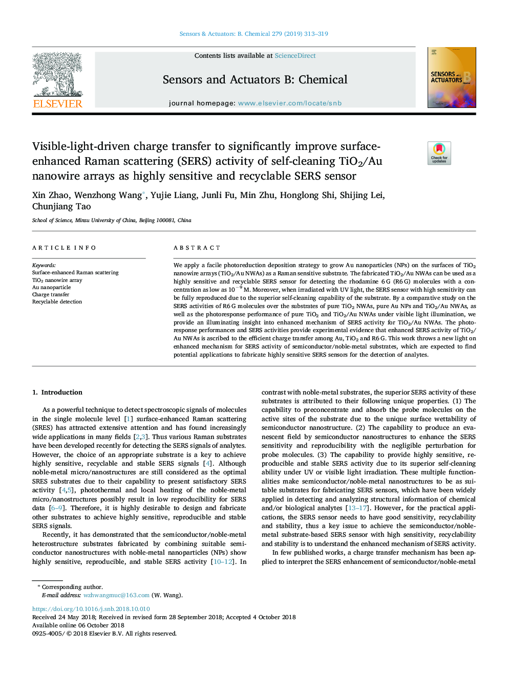 Visible-light-driven charge transfer to significantly improve surface-enhanced Raman scattering (SERS) activity of self-cleaning TiO2/Au nanowire arrays as highly sensitive and recyclable SERS sensor