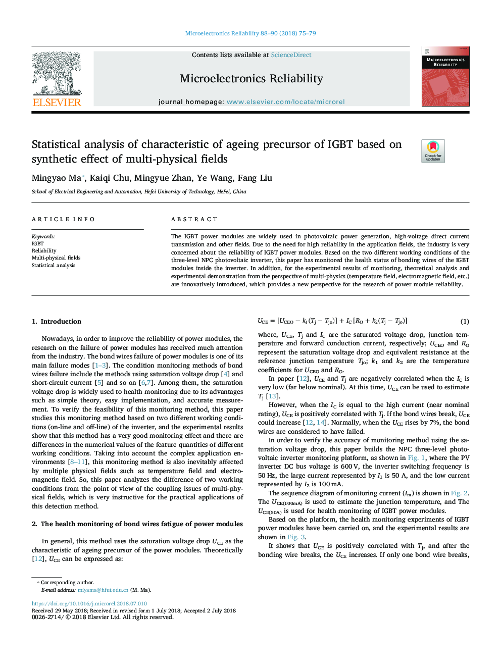 عکس صفحه اول مقاله: Statistical analysis of characteristic of ageing precursor of IGBT based on synthetic effect of multi-physical fields Statistical analysis of characteristic of ageing precursor of IGBT based on synthetic effect of multi-physical fields