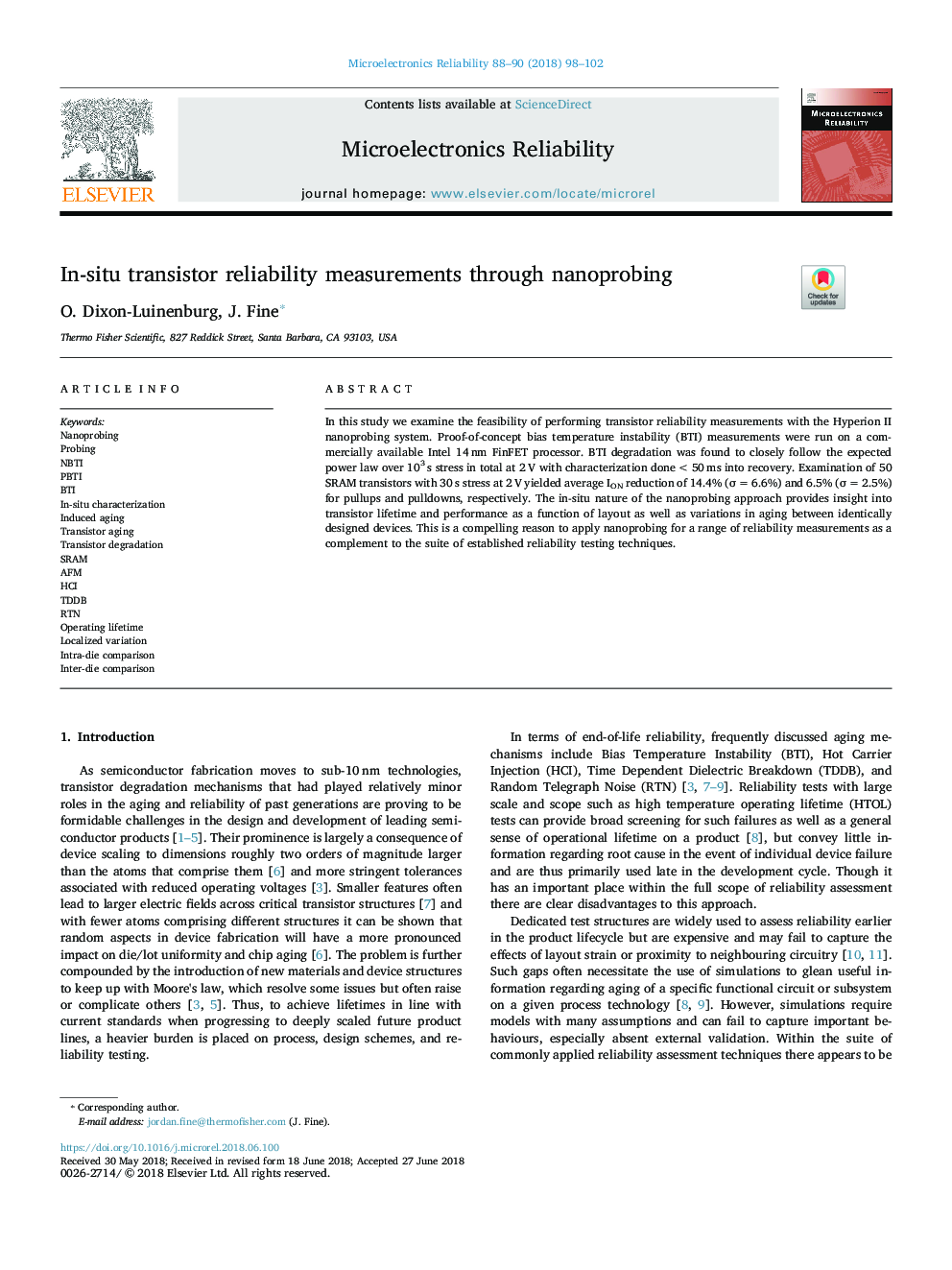 In-situ transistor reliability measurements through nanoprobing