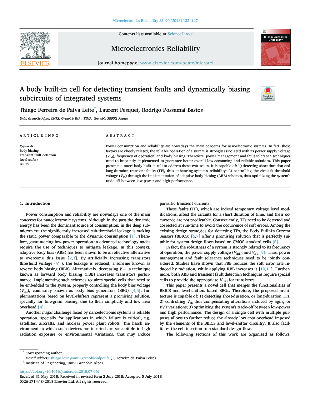 A body built-in cell for detecting transient faults and dynamically biasing subcircuits of integrated systems