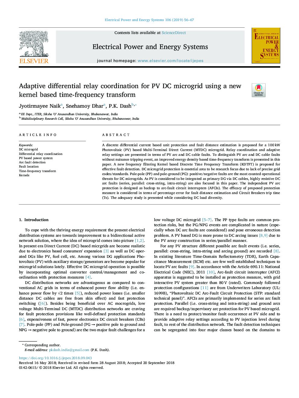 Adaptive differential relay coordination for PV DC microgrid using a new kernel based time-frequency transform