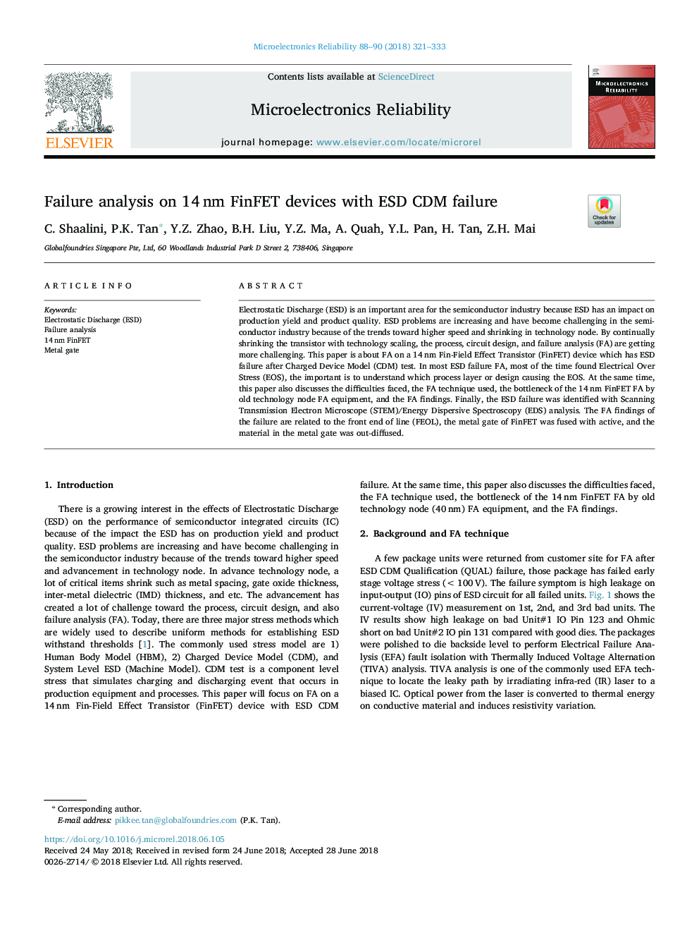 Failure analysis on 14â¯nm FinFET devices with ESD CDM failure