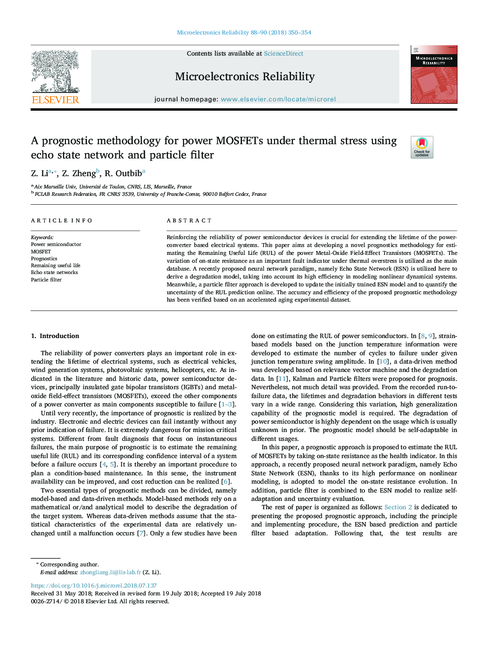 A prognostic methodology for power MOSFETs under thermal stress using echo state network and particle filter