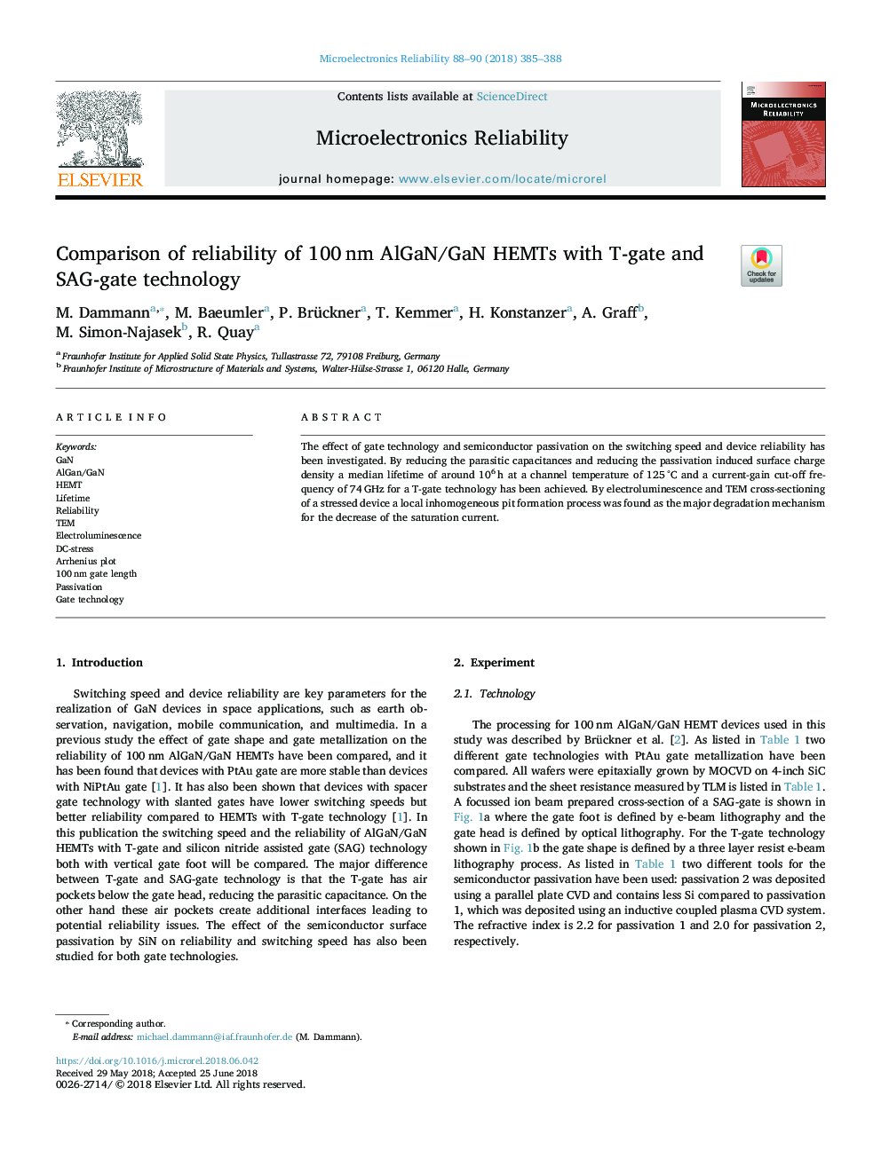 Comparison of reliability of 100â¯nm AlGaN/GaN HEMTs with T-gate and SAG-gate technology