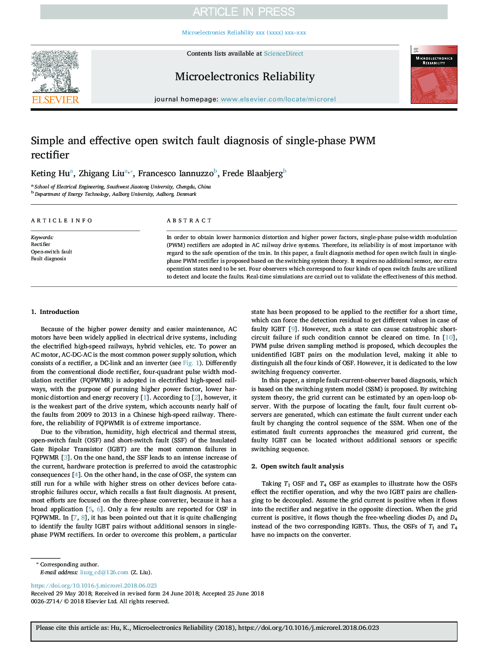 Simple and effective open switch fault diagnosis of single-phase PWM rectifier