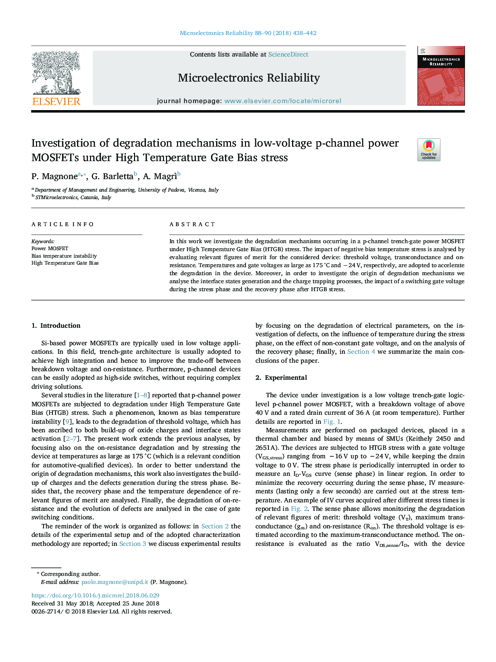 عکس صفحه اول مقاله: Investigation of degradation mechanisms in low-voltage p-channel power MOSFETs under High Temperature Gate Bias stress Investigation of degradation mechanisms in low-voltage p-channel power MOSFETs under High Temperature Gate Bias stress