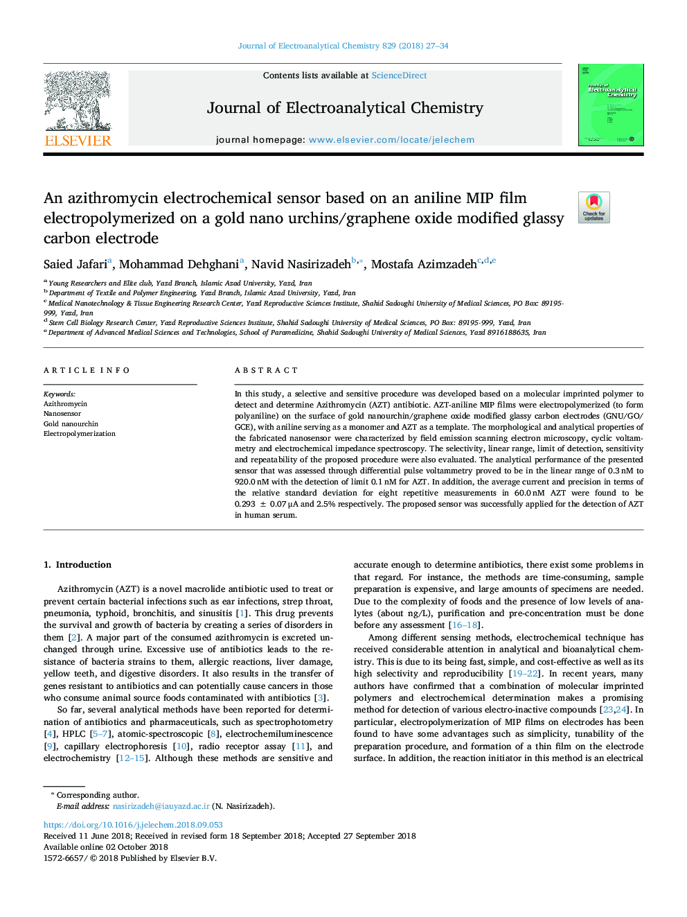 An azithromycin electrochemical sensor based on an aniline MIP film electropolymerized on a gold nano urchins/graphene oxide modified glassy carbon electrode