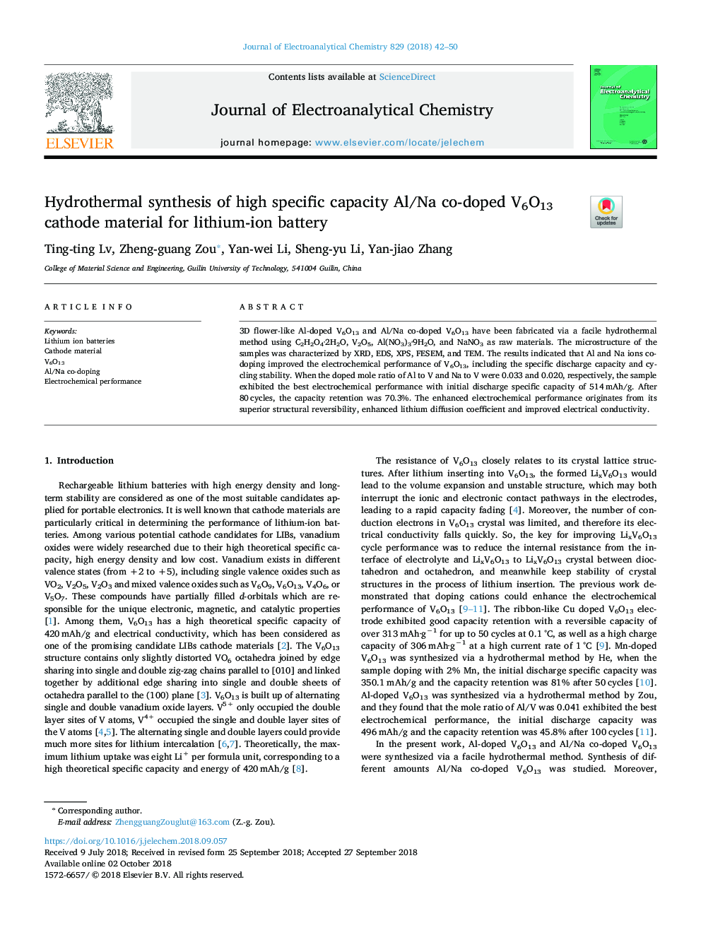 Hydrothermal synthesis of high specific capacity Al/Na co-doped V6O13 cathode material for lithium-ion battery