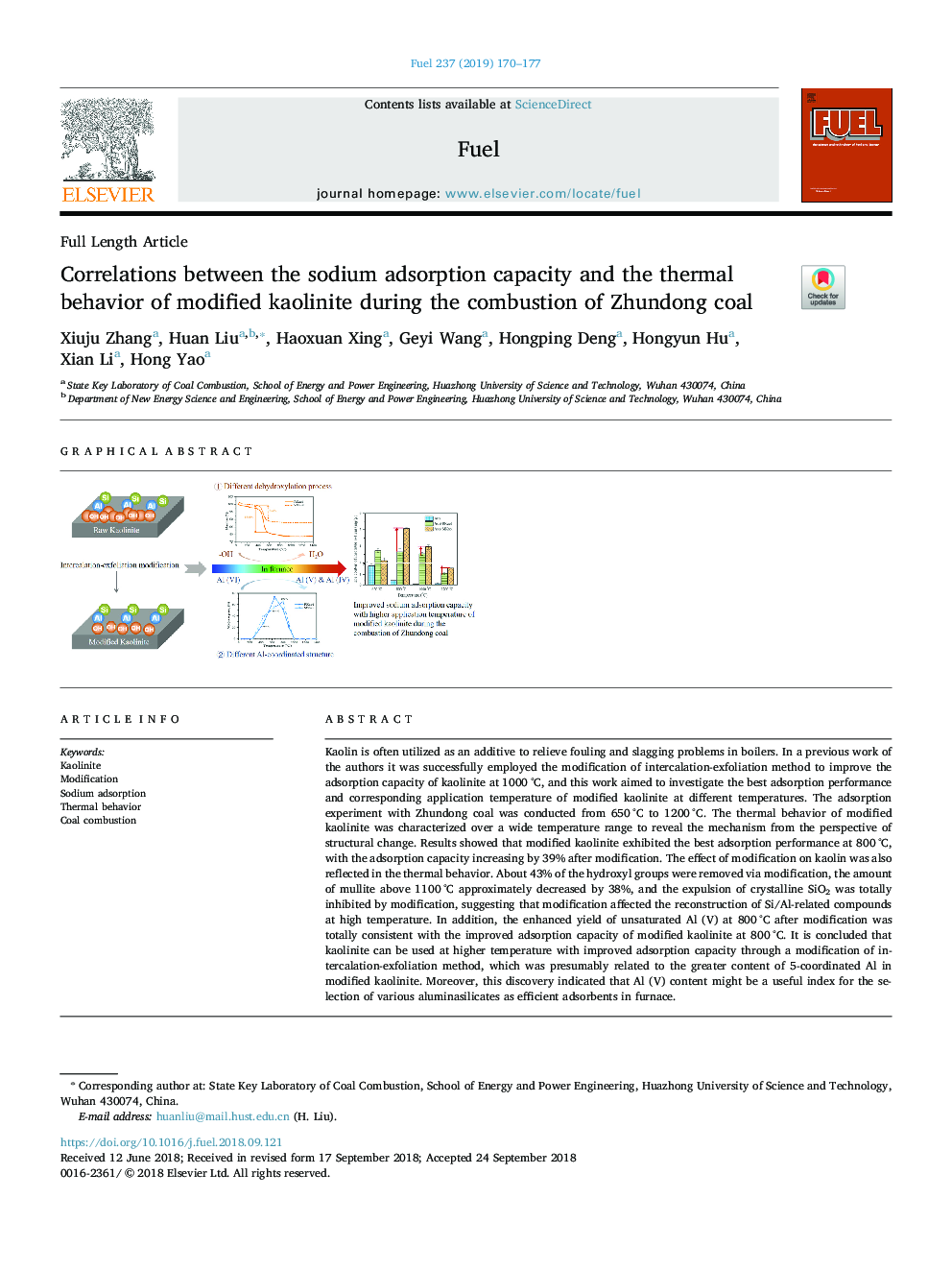 Correlations between the sodium adsorption capacity and the thermal behavior of modified kaolinite during the combustion of Zhundong coal