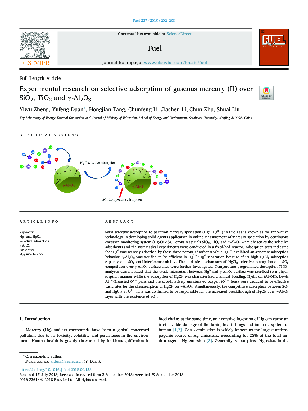 Experimental research on selective adsorption of gaseous mercury (II) over SiO2, TiO2 and Î³-Al2O3