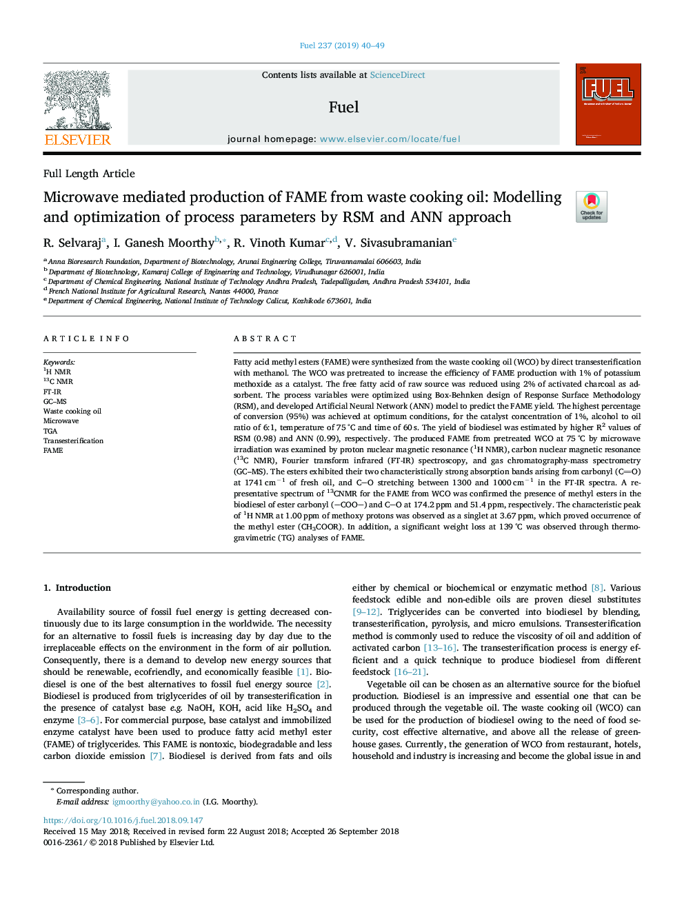 Microwave mediated production of FAME from waste cooking oil: Modelling and optimization of process parameters by RSM and ANN approach