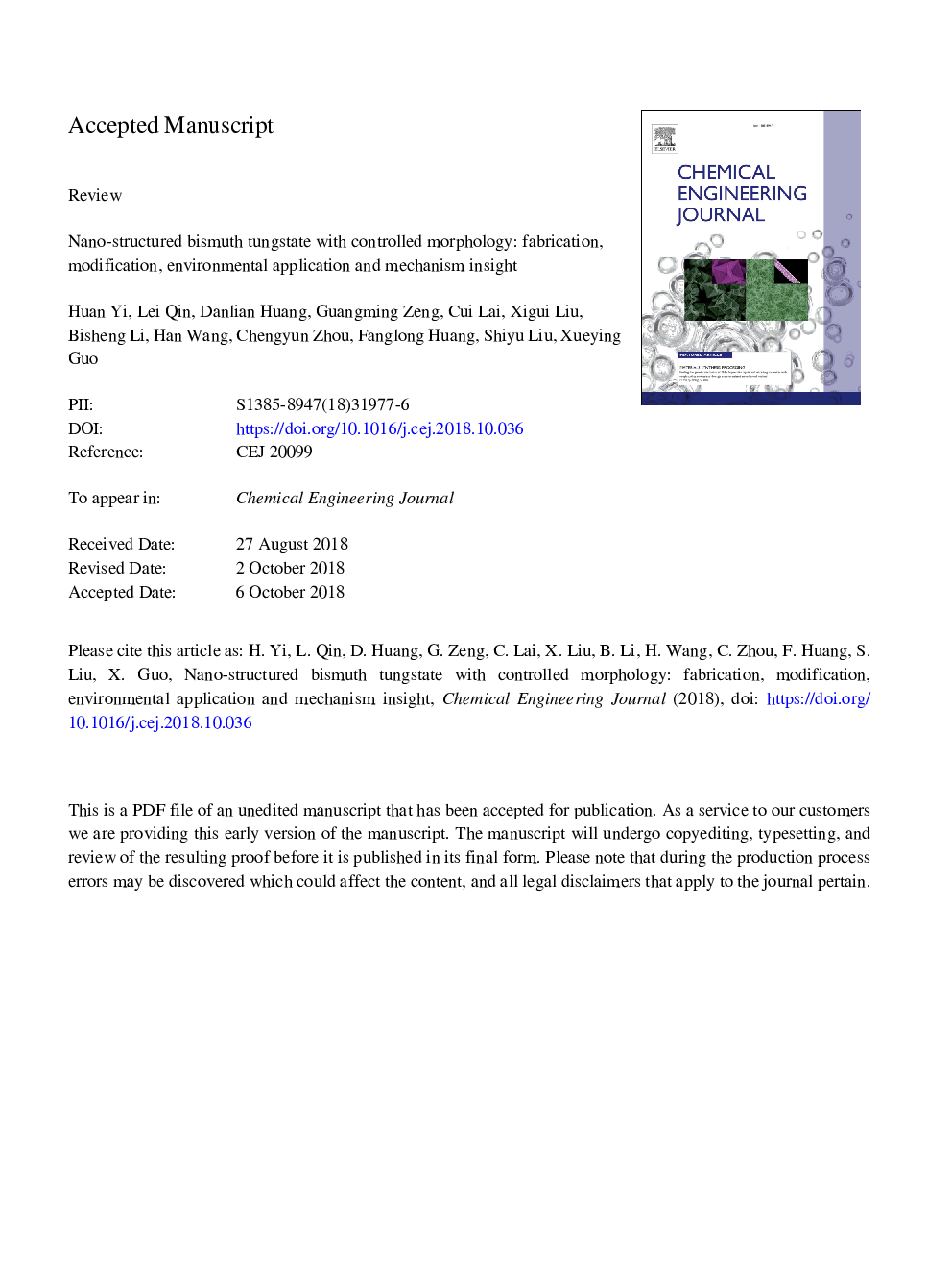 Nano-structured bismuth tungstate with controlled morphology: Fabrication, modification, environmental application and mechanism insight