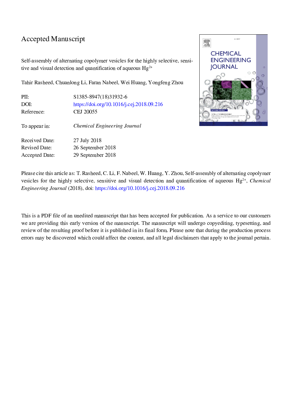 Self-assembly of alternating copolymer vesicles for the highly selective, sensitive and visual detection and quantification of aqueous Hg2+