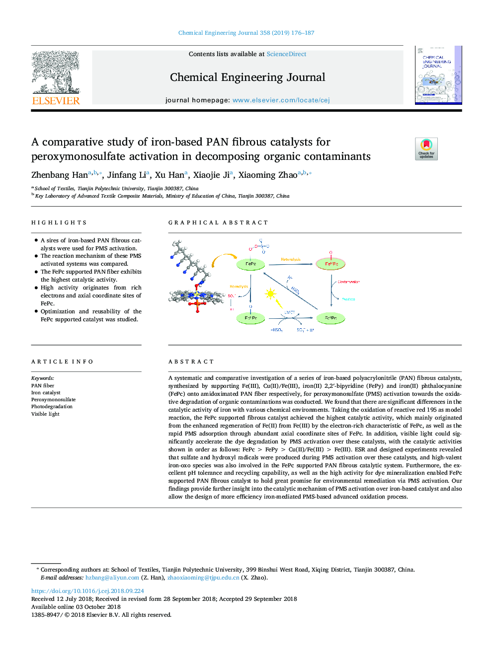 A comparative study of iron-based PAN fibrous catalysts for peroxymonosulfate activation in decomposing organic contaminants