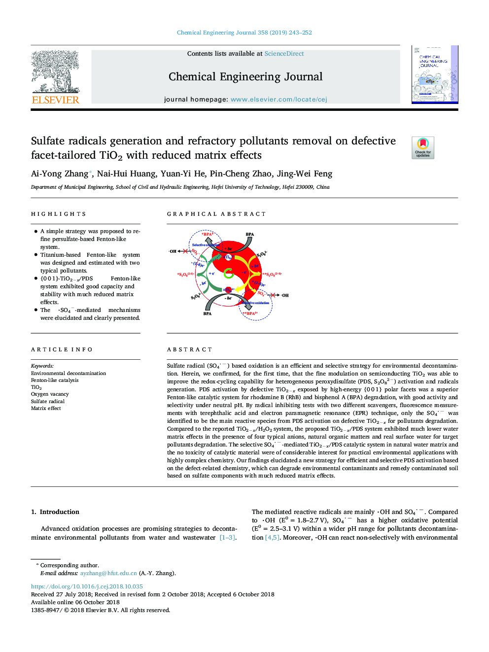 Sulfate radicals generation and refractory pollutants removal on defective facet-tailored TiO2 with reduced matrix effects