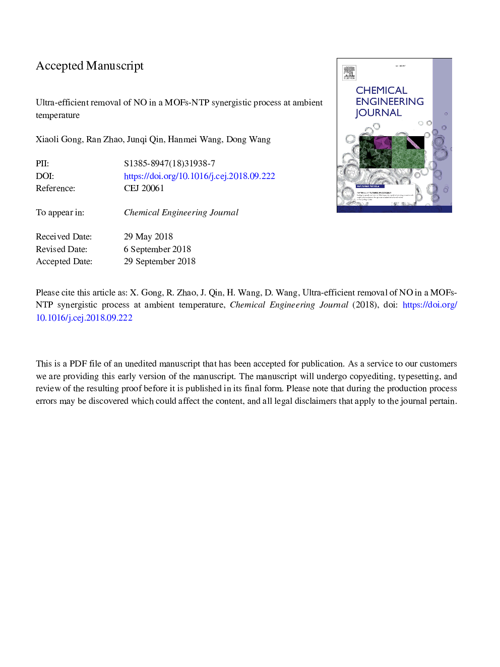 Ultra-efficient removal of NO in a MOFs-NTP synergistic process at ambient temperature