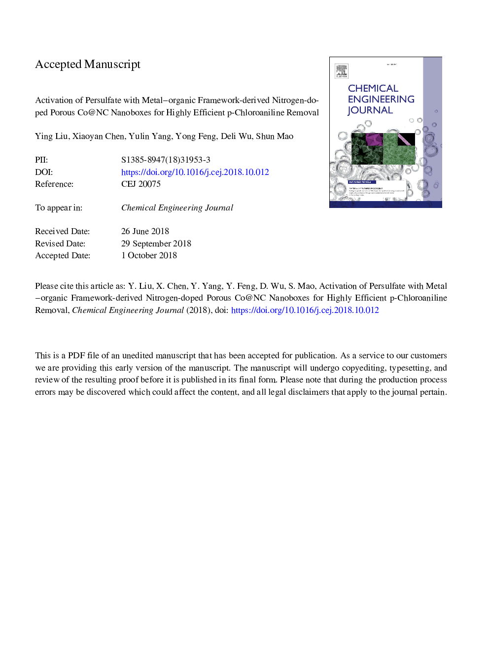 Activation of persulfate with metal-organic framework-derived nitrogen-doped porous Co@C nanoboxes for highly efficient p-Chloroaniline removal