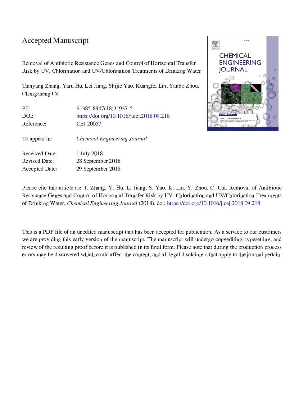 Removal of antibiotic resistance genes and control of horizontal transfer risk by UV, chlorination and UV/chlorination treatments of drinking water