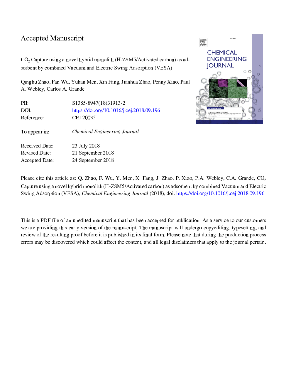 CO2 capture using a novel hybrid monolith (H-ZSM5/activated carbon) as adsorbent by combined vacuum and electric swing adsorption (VESA)