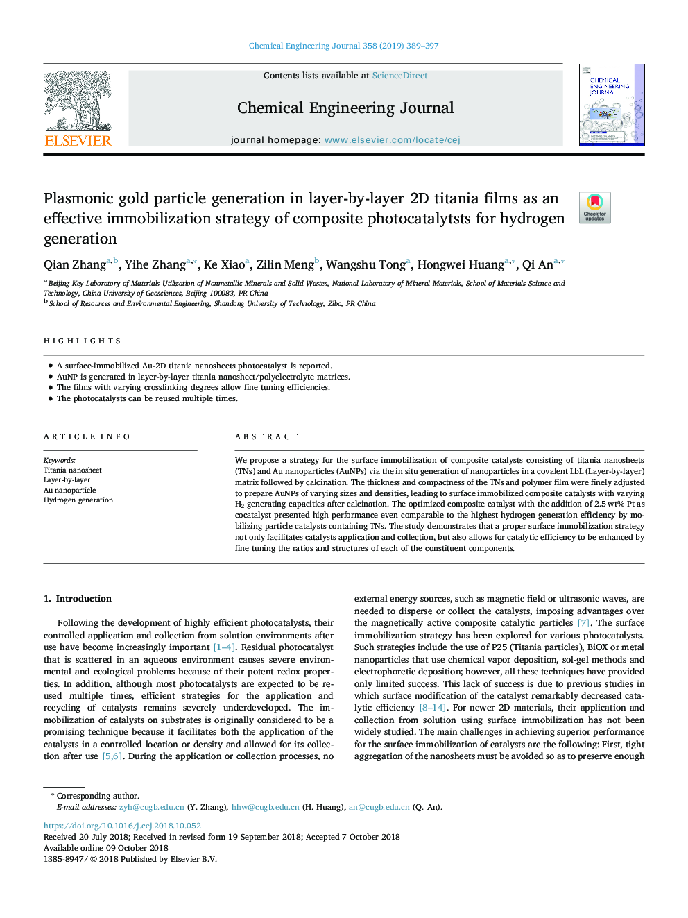 Plasmonic gold particle generation in layer-by-layer 2D titania films as an effective immobilization strategy of composite photocatalytsts for hydrogen generation