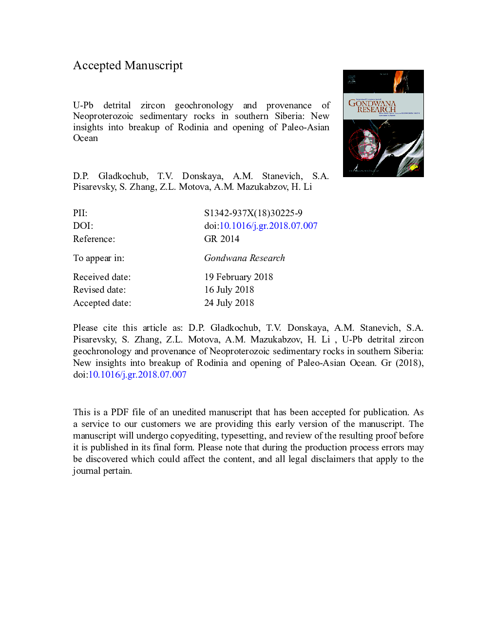 U-Pb detrital zircon geochronology and provenance of Neoproterozoic sedimentary rocks in southern Siberia: New insights into breakup of Rodinia and opening of Paleo-Asian Ocean