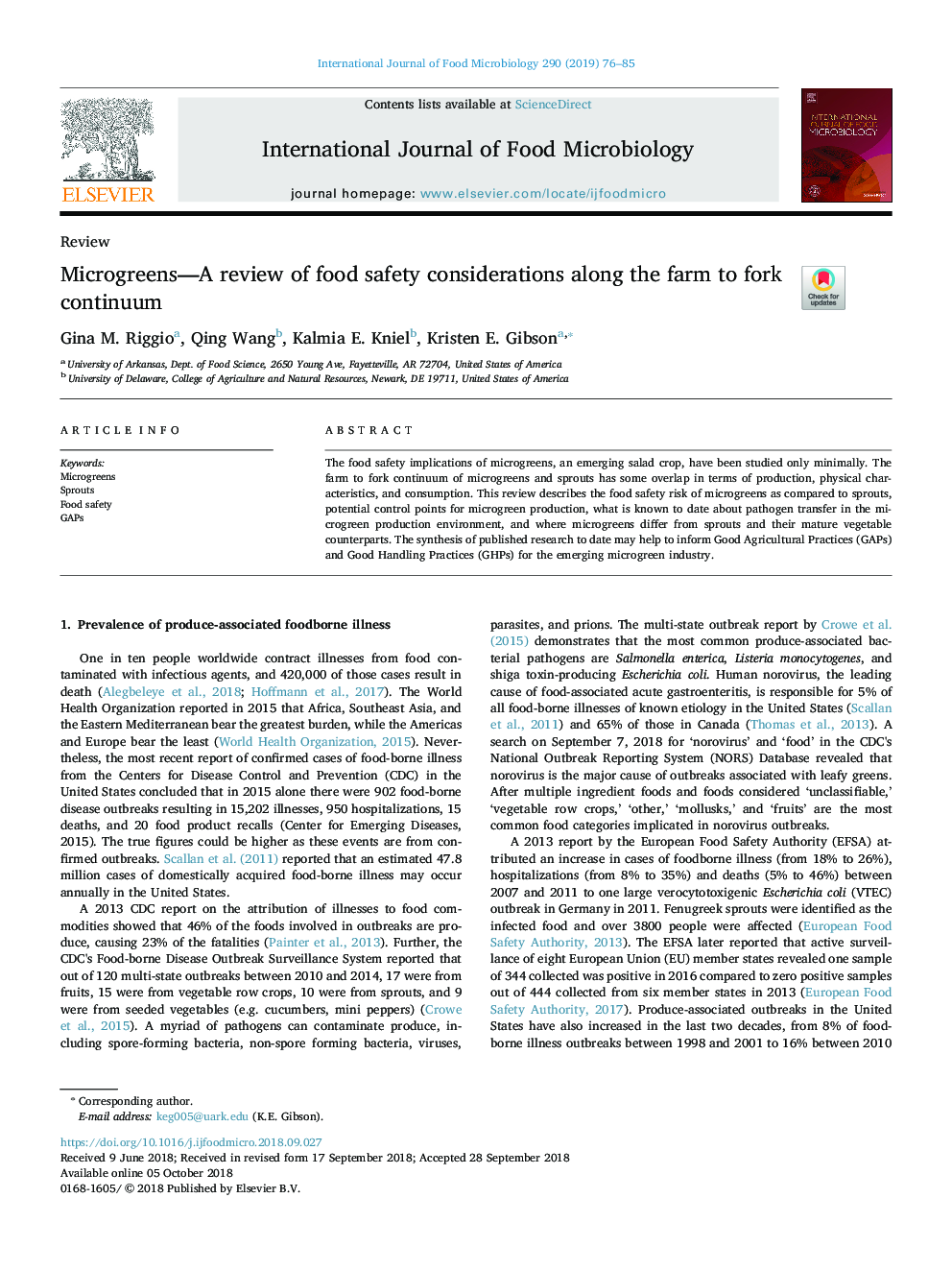 Microgreens-A review of food safety considerations along the farm to fork continuum