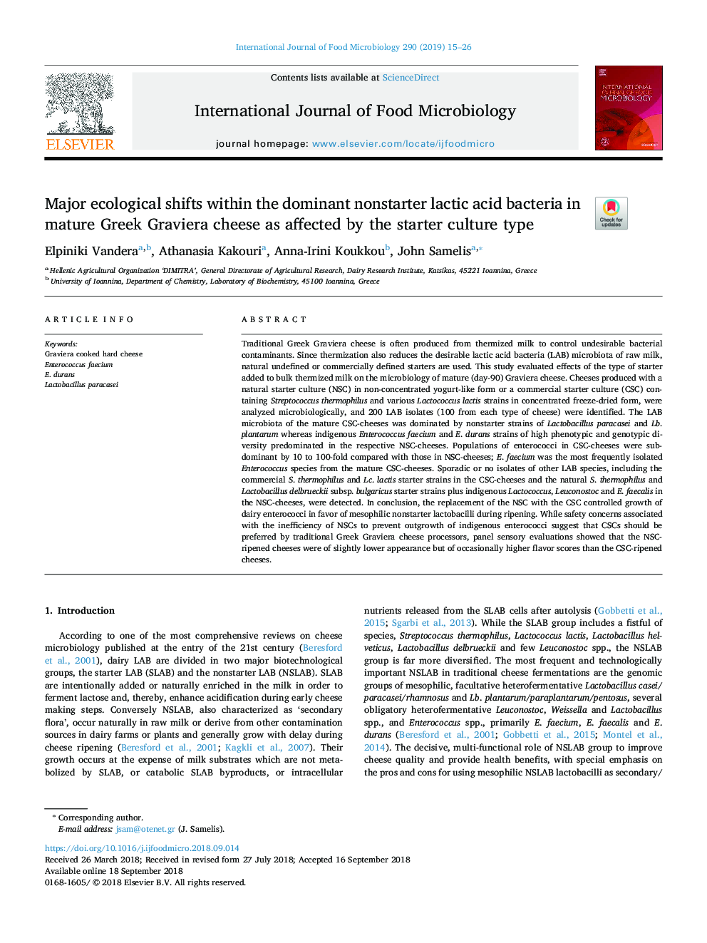 Major ecological shifts within the dominant nonstarter lactic acid bacteria in mature Greek Graviera cheese as affected by the starter culture type