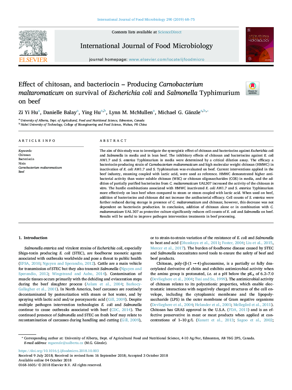 Effect of chitosan, and bacteriocin - Producing Carnobacterium maltaromaticum on survival of Escherichia coli and Salmonella Typhimurium on beef