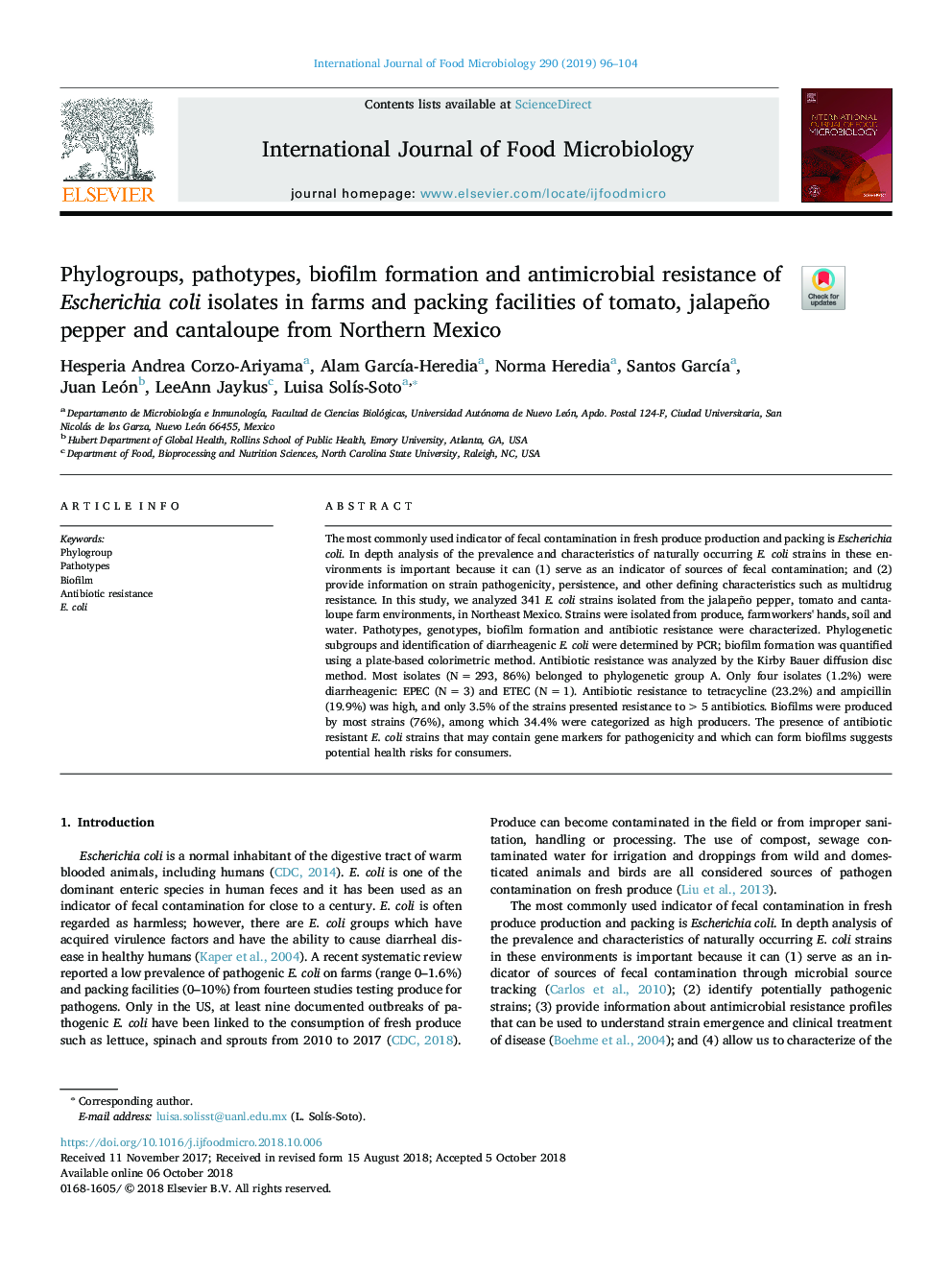 Phylogroups, pathotypes, biofilm formation and antimicrobial resistance of Escherichia coli isolates in farms and packing facilities of tomato, jalapeño pepper and cantaloupe from Northern Mexico