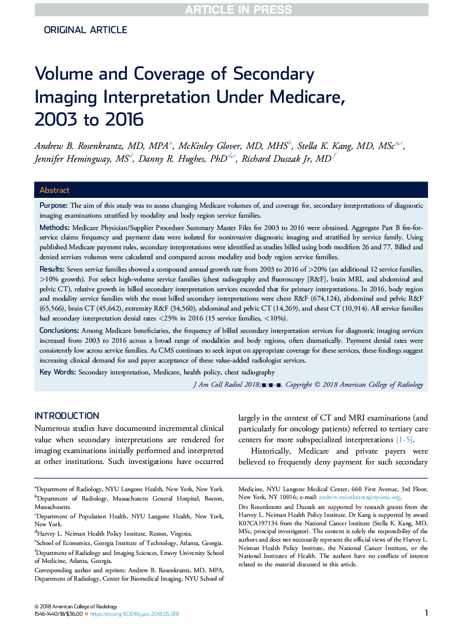 Volume and Coverage of Secondary Imaging Interpretation Under Medicare, 2003 to 2016