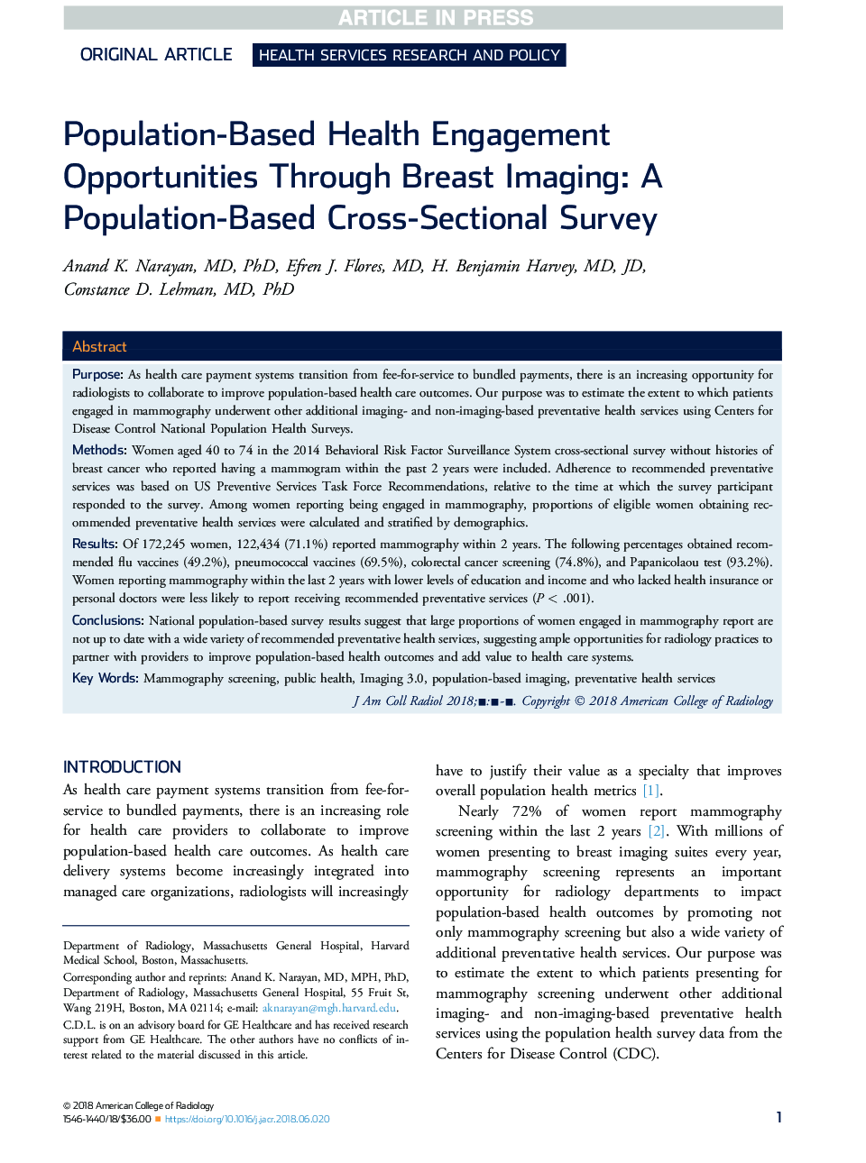 Population-Based Health Engagement Opportunities Through Breast Imaging: A Population-Based Cross-Sectional Survey