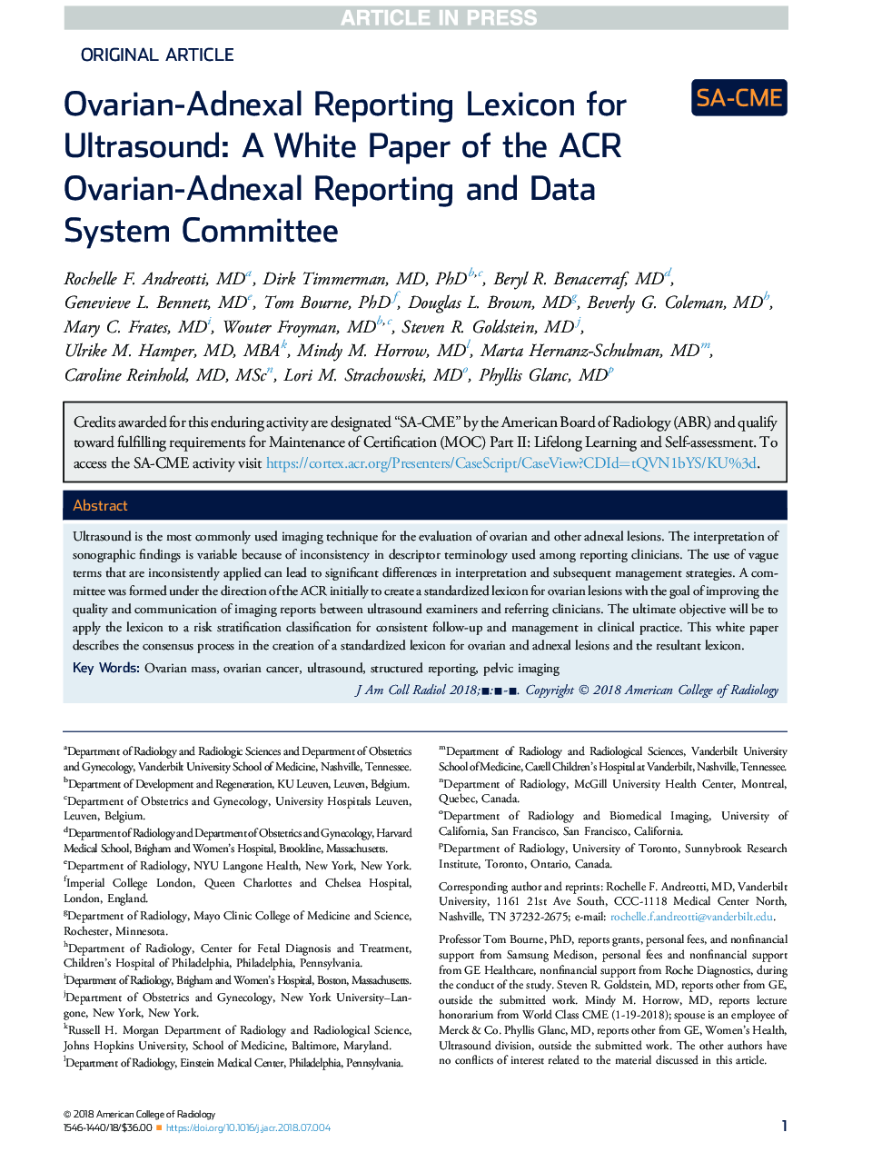 Ovarian-Adnexal Reporting Lexicon for Ultrasound: A White Paper of the ACR Ovarian-Adnexal Reporting and Data System Committee