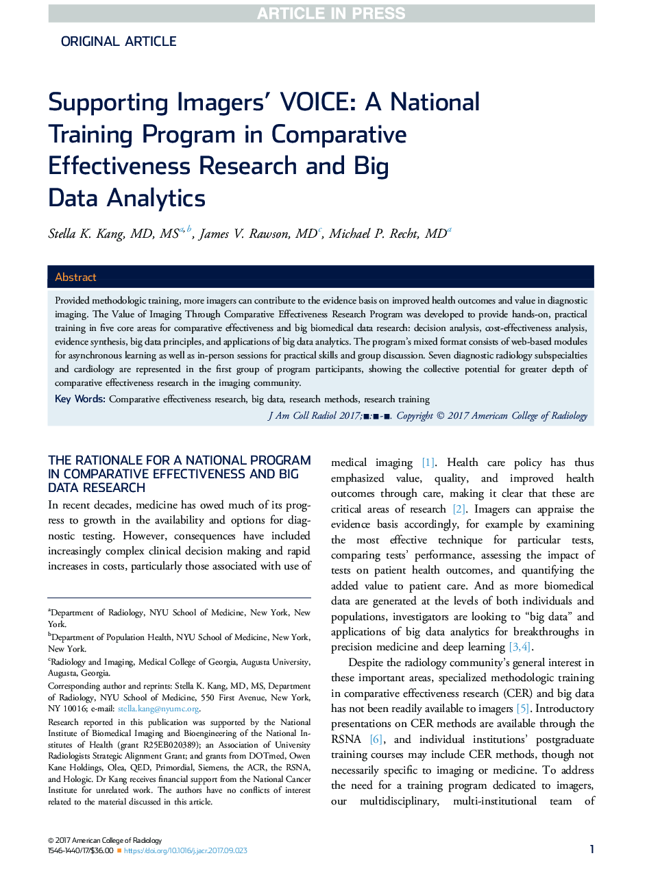 Supporting Imagers' VOICE: A National Training Program in Comparative Effectiveness Research and Big DataÂ Analytics