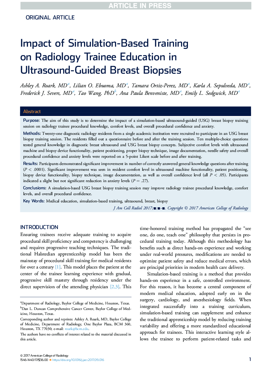 Impact of Simulation-Based Training onÂ Radiology Trainee Education in Ultrasound-Guided Breast Biopsies